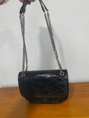 Black Crinkled Leather Chain Shoulder Bag